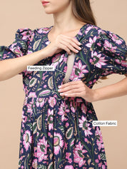 Floral Print Navy Blue Cotton Maternity Nightdress Calf Length