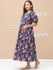 Floral Print Navy Blue Cotton Maternity Nightdress Calf Length