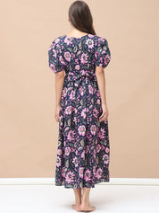 Floral Print Navy Blue Cotton Maternity Nightdress Calf Length