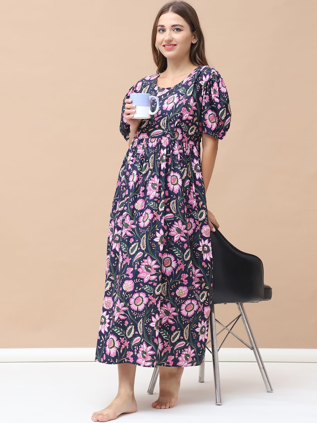 Floral Print Navy Blue Cotton Maternity Nightdress Calf Length