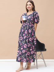 Floral Print Navy Blue Cotton Maternity Nightdress Calf Length
