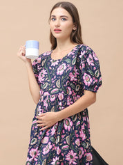 Floral Print Navy Blue Cotton Maternity Nightdress Calf Length