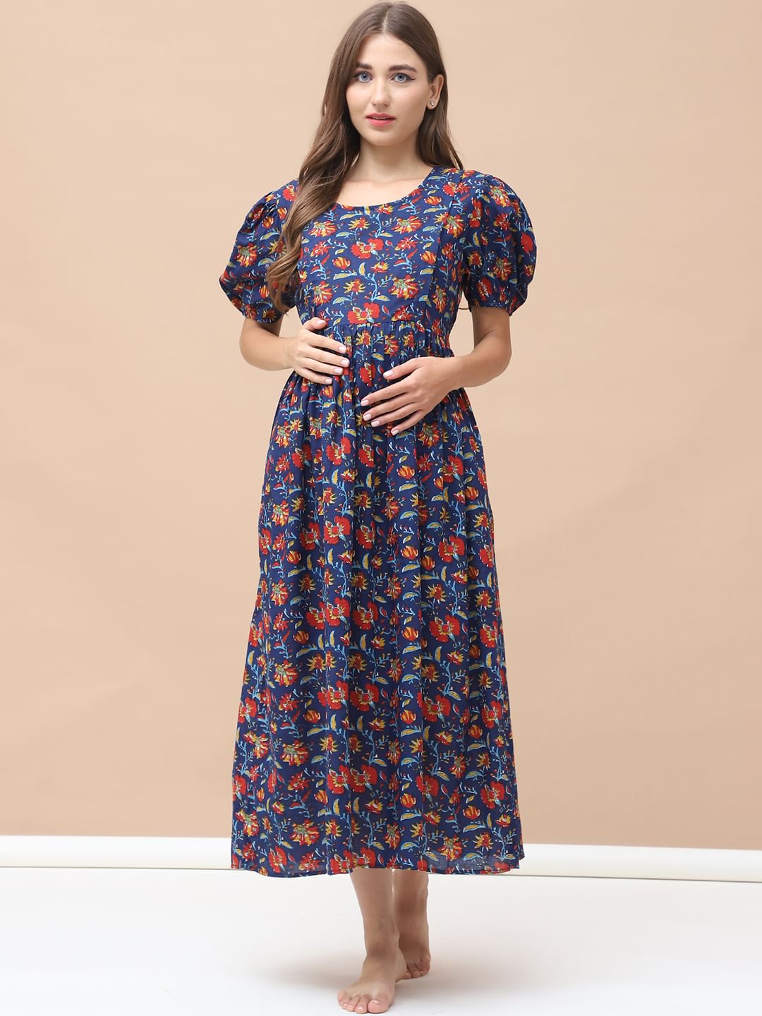 Floral Print Navy Blue Cotton Maternity Nightdress Calf Length