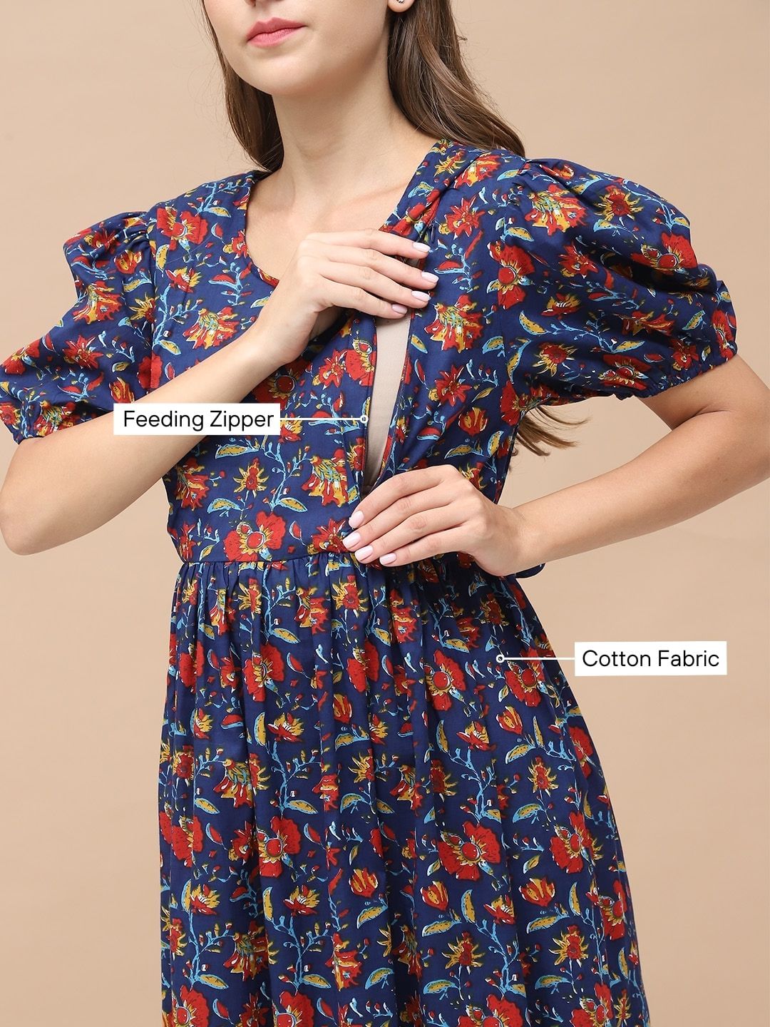 Floral Print Navy Blue Cotton Maternity Nightdress Calf Length