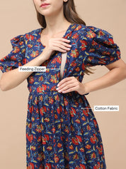 Floral Print Navy Blue Cotton Maternity Nightdress Calf Length