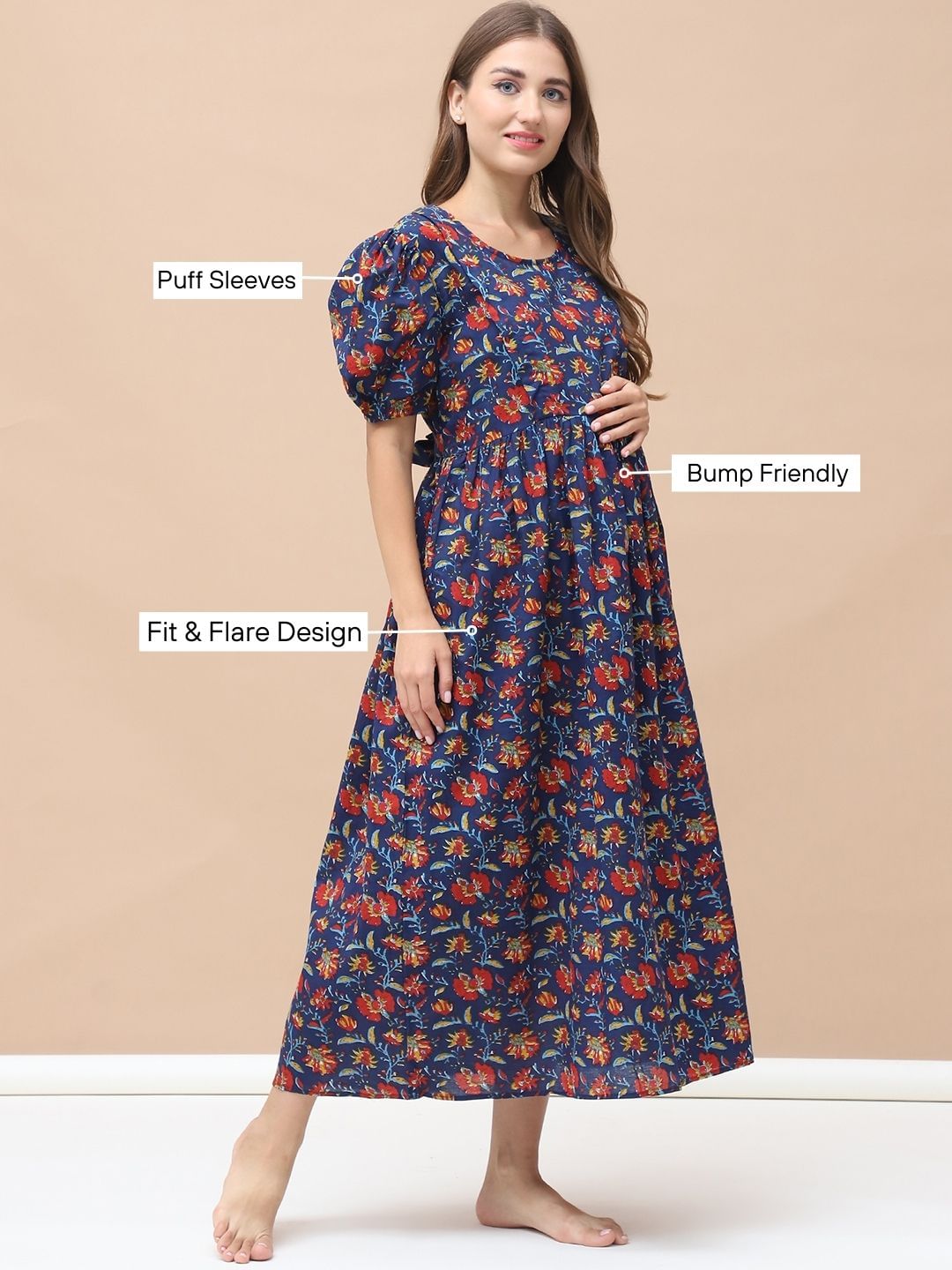 Floral Print Navy Blue Cotton Maternity Nightdress Calf Length