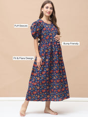Floral Print Navy Blue Cotton Maternity Nightdress Calf Length