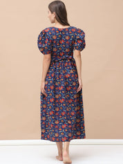 Floral Print Navy Blue Cotton Maternity Nightdress Calf Length