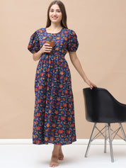 Floral Print Navy Blue Cotton Maternity Nightdress Calf Length