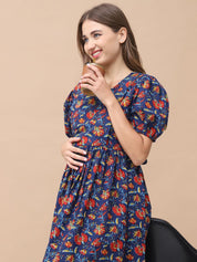 Floral Print Navy Blue Cotton Maternity Nightdress Calf Length