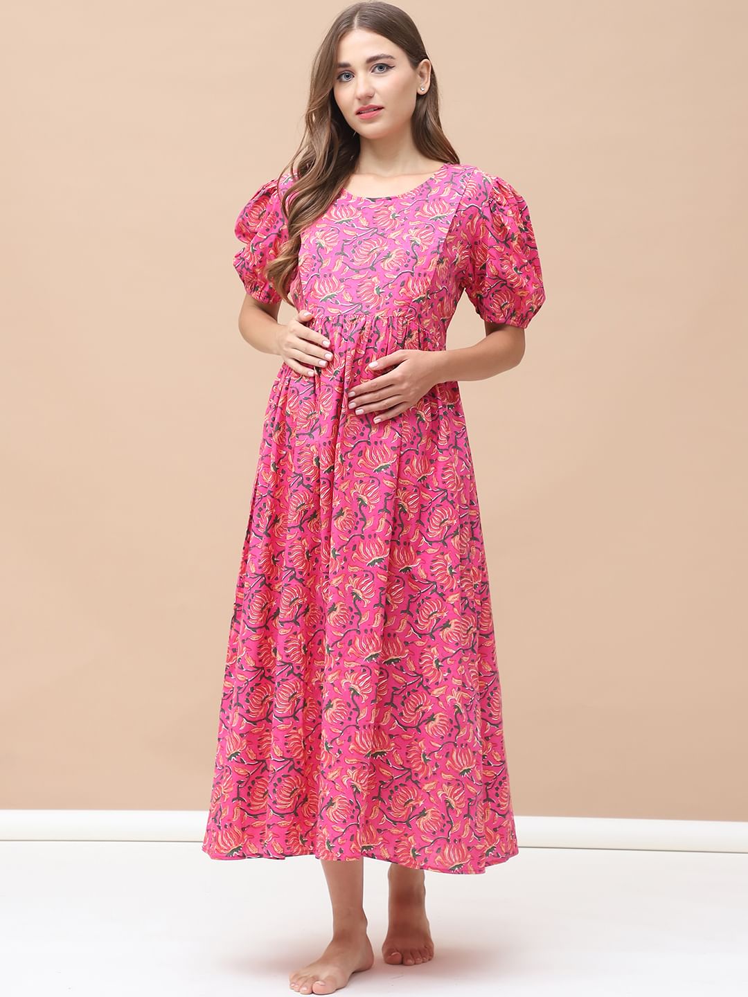 Floral Print Pink Cotton Maternity Nightdress Calf Length
