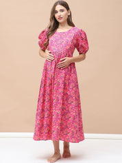 Floral Print Pink Cotton Maternity Nightdress Calf Length