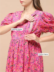 Floral Print Pink Cotton Maternity Nightdress Calf Length