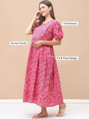 Floral Print Pink Cotton Maternity Nightdress Calf Length