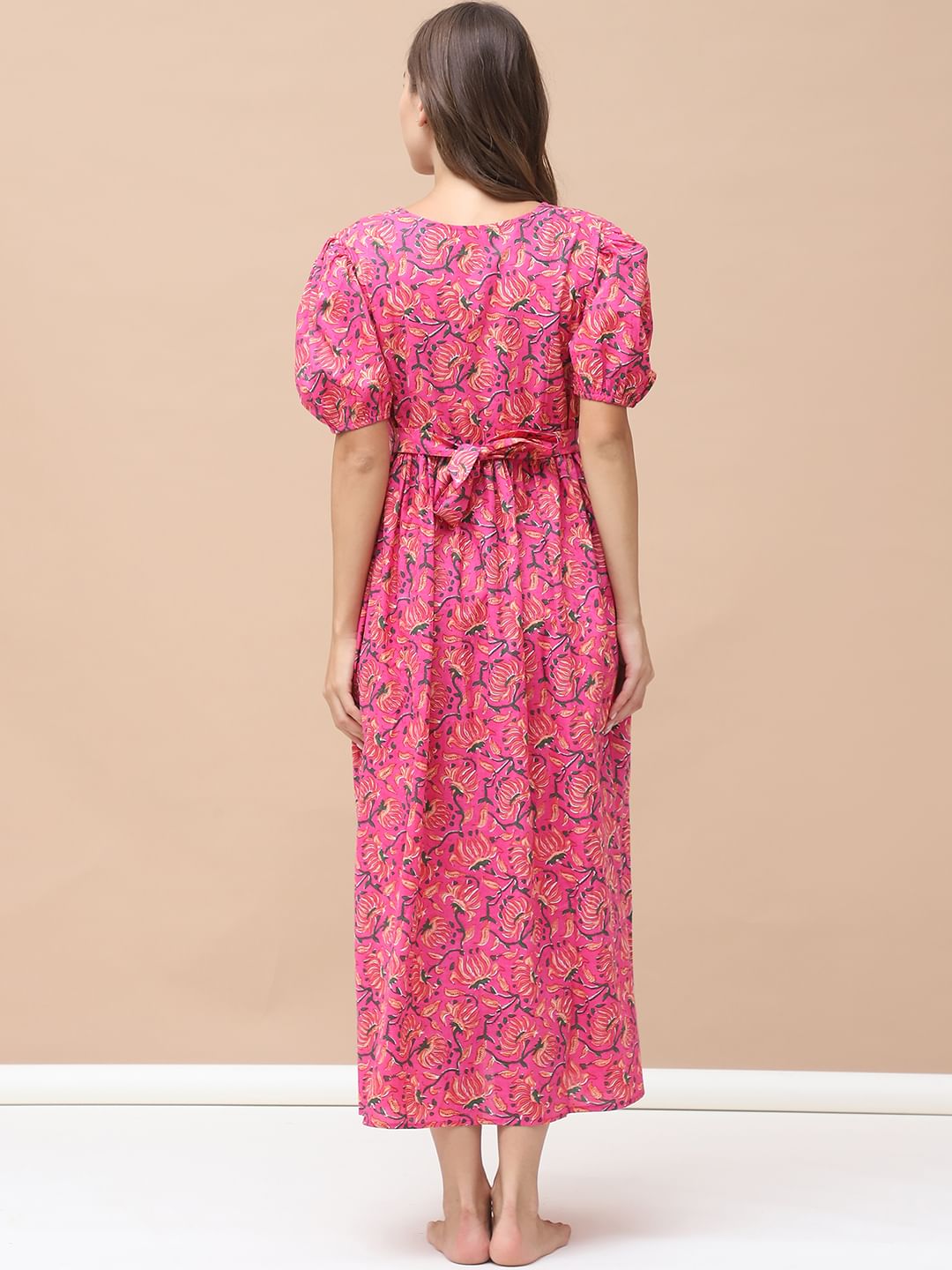 Floral Print Pink Cotton Maternity Nightdress Calf Length
