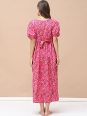 Floral Print Pink Cotton Maternity Nightdress Calf Length