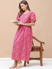 Floral Print Pink Cotton Maternity Nightdress Calf Length