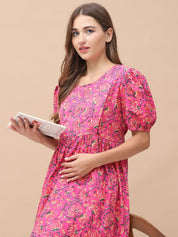 Floral Print Pink Cotton Maternity Nightdress Calf Length