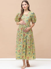 Floral Print Yellow Cotton Maternity Nightdress Calf Length