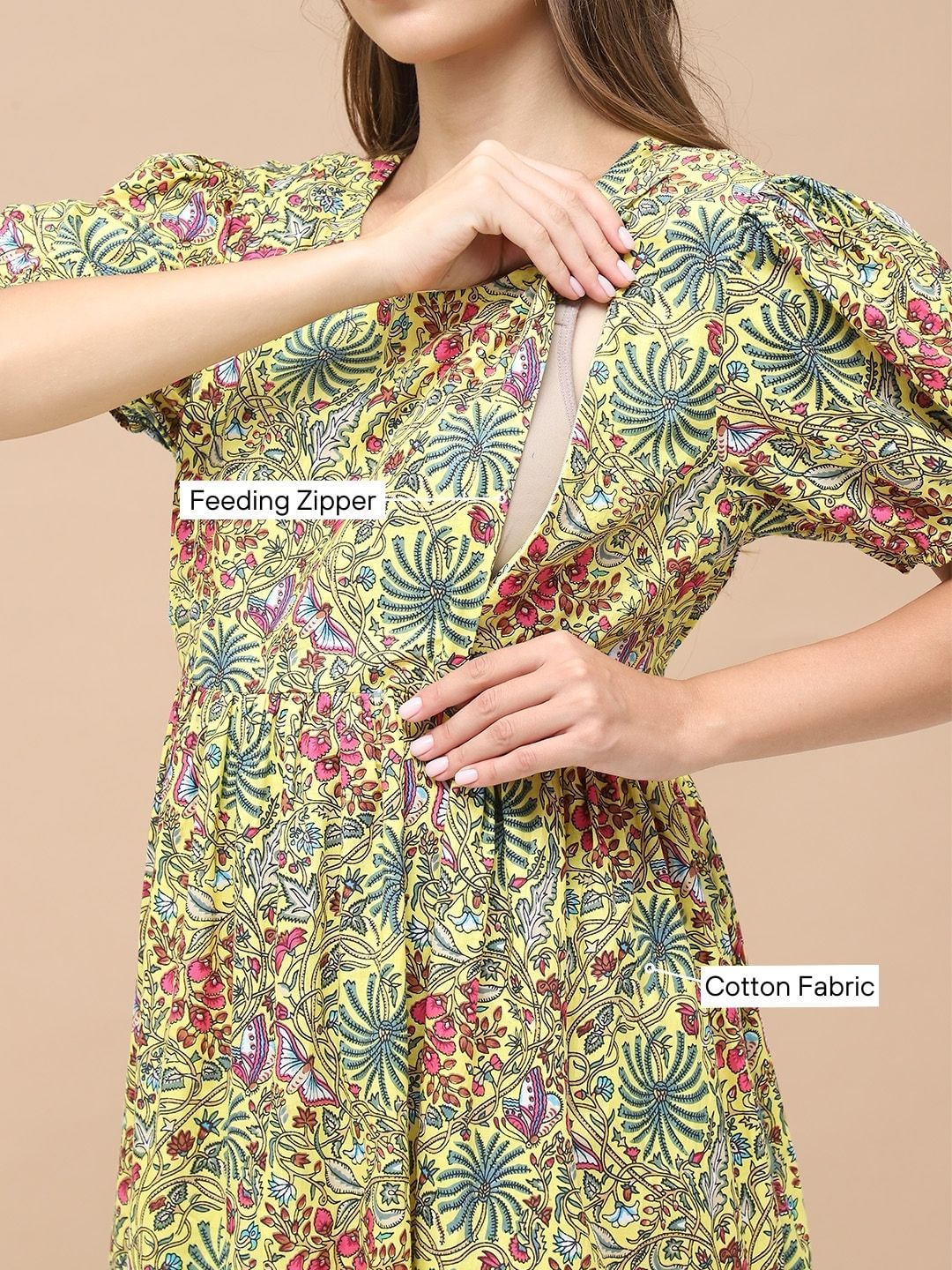 Floral Print Yellow Cotton Maternity Nightdress Calf Length