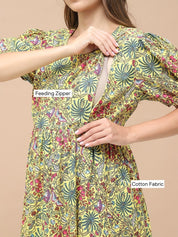 Floral Print Yellow Cotton Maternity Nightdress Calf Length