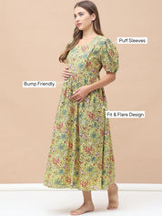Floral Print Yellow Cotton Maternity Nightdress Calf Length