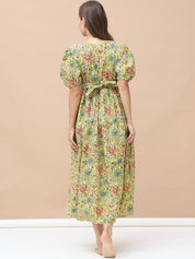 Floral Print Yellow Cotton Maternity Nightdress Calf Length