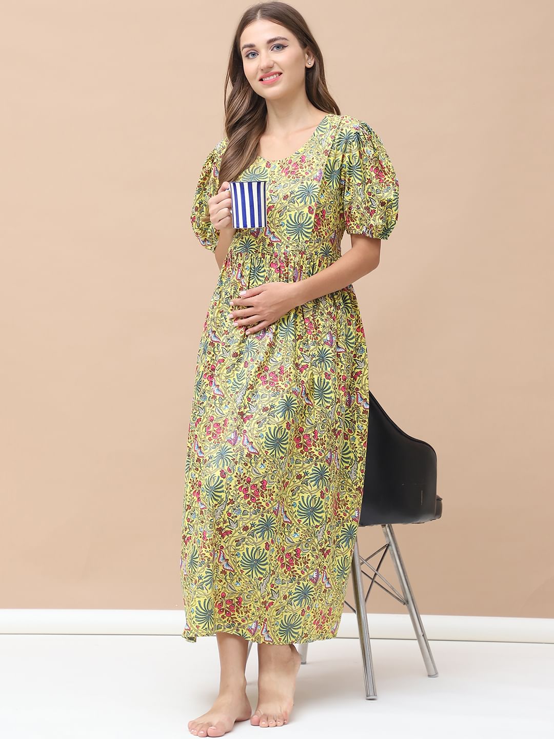 Floral Print Yellow Cotton Maternity Nightdress Calf Length