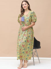 Floral Print Yellow Cotton Maternity Nightdress Calf Length