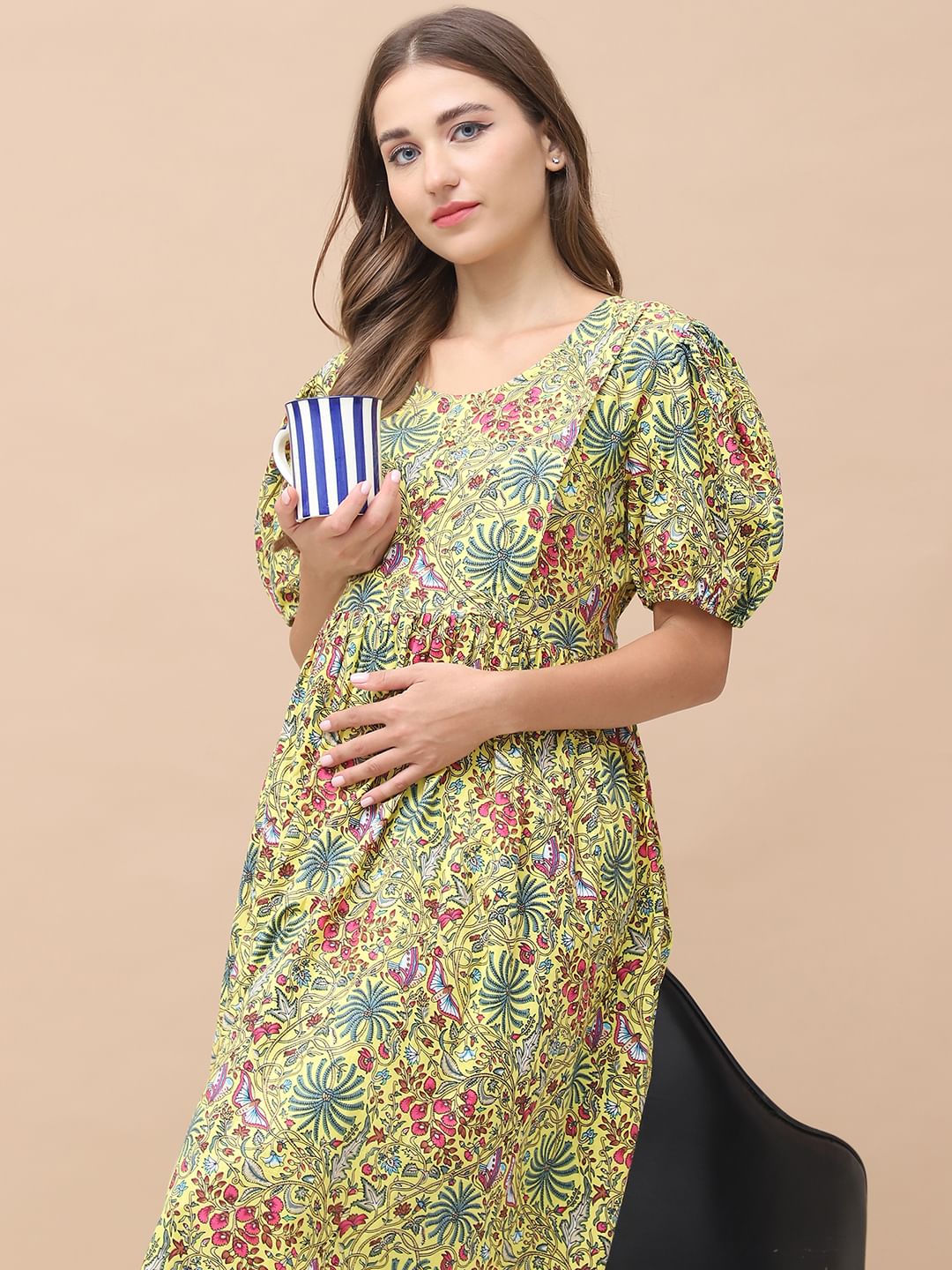 Floral Print Yellow Cotton Maternity Nightdress Calf Length