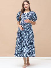 Printed Navy Blue Cotton Maternity Nightdress Calf Length