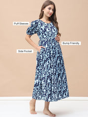 Printed Navy Blue Cotton Maternity Nightdress Calf Length