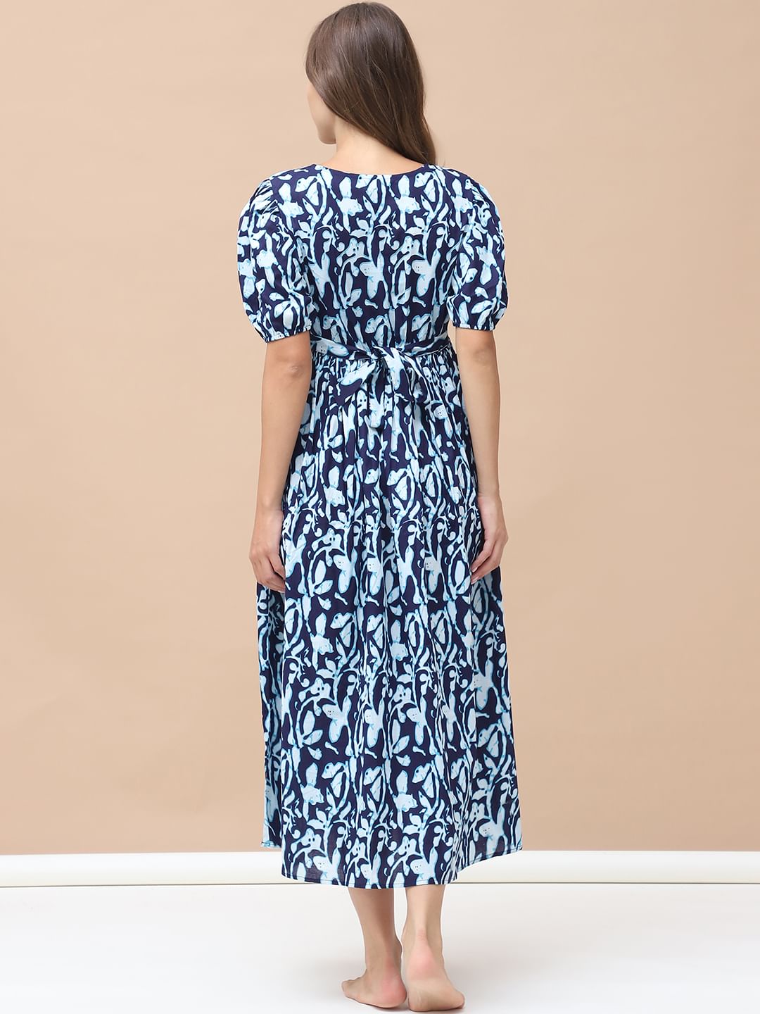 Printed Navy Blue Cotton Maternity Nightdress Calf Length