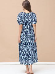 Printed Navy Blue Cotton Maternity Nightdress Calf Length