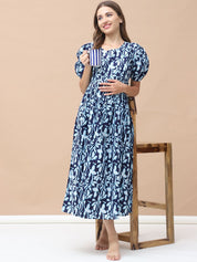 Printed Navy Blue Cotton Maternity Nightdress Calf Length