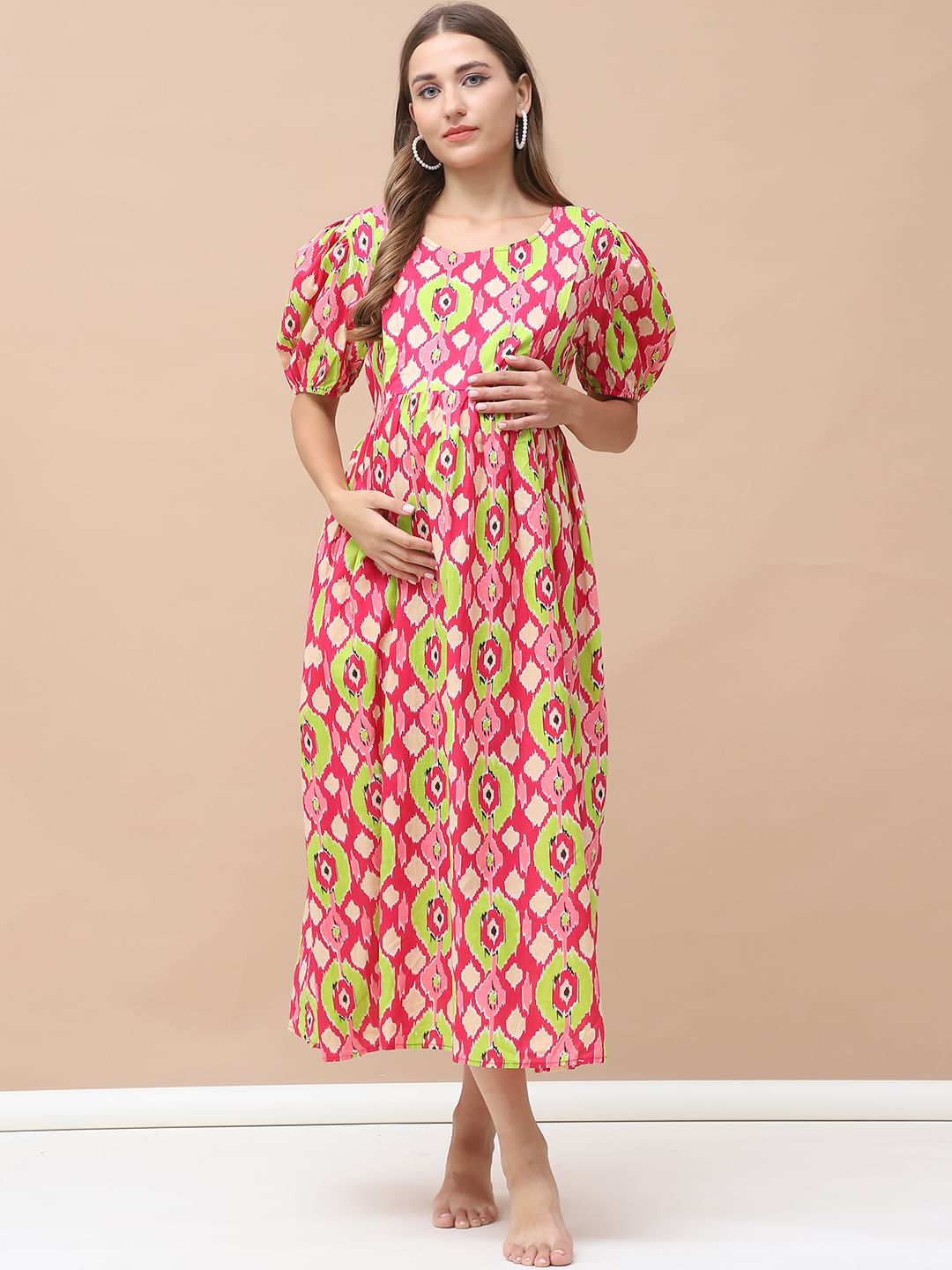 Geometric Print Multi Cotton Maternity Nightdress Calf Length