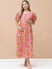Geometric Print Multi Cotton Maternity Nightdress Calf Length