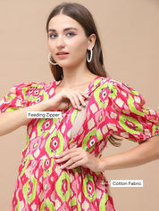 Geometric Print Multi Cotton Maternity Nightdress Calf Length