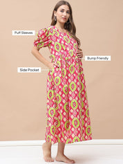 Geometric Print Multi Cotton Maternity Nightdress Calf Length