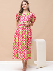 Geometric Print Multi Cotton Maternity Nightdress Calf Length
