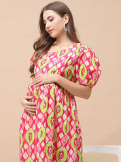 Geometric Print Multi Cotton Maternity Nightdress Calf Length