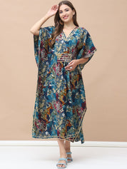 Floral Print Dark Blue Chanderi Silk Maternity Kaftan Dress Calf Length