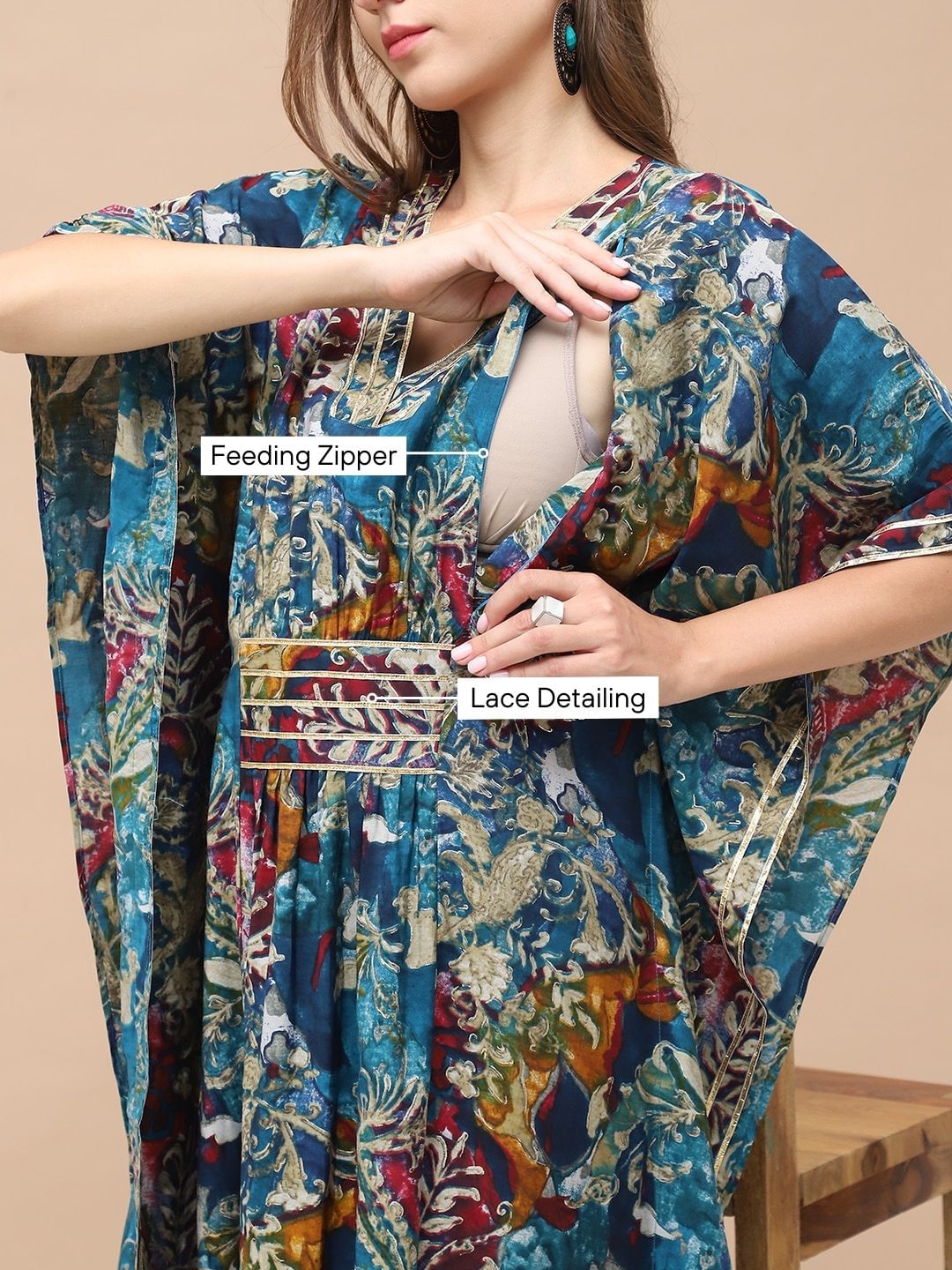 Floral Print Dark Blue Chanderi Silk Maternity Kaftan Dress Calf Length