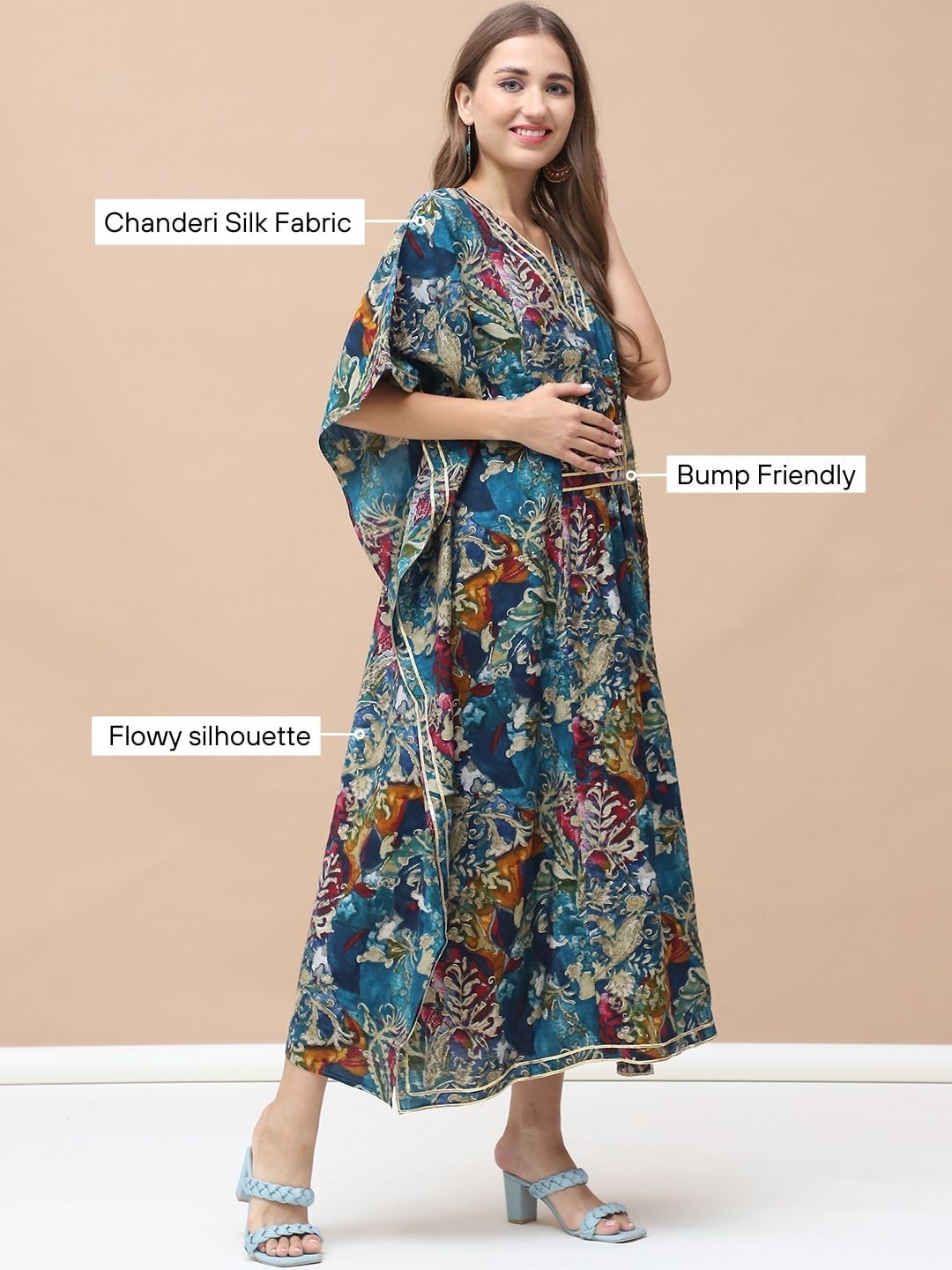 Floral Print Dark Blue Chanderi Silk Maternity Kaftan Dress Calf Length