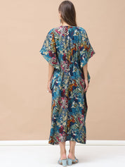Floral Print Dark Blue Chanderi Silk Maternity Kaftan Dress Calf Length