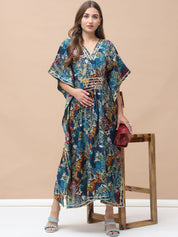 Floral Print Dark Blue Chanderi Silk Maternity Kaftan Dress Calf Length