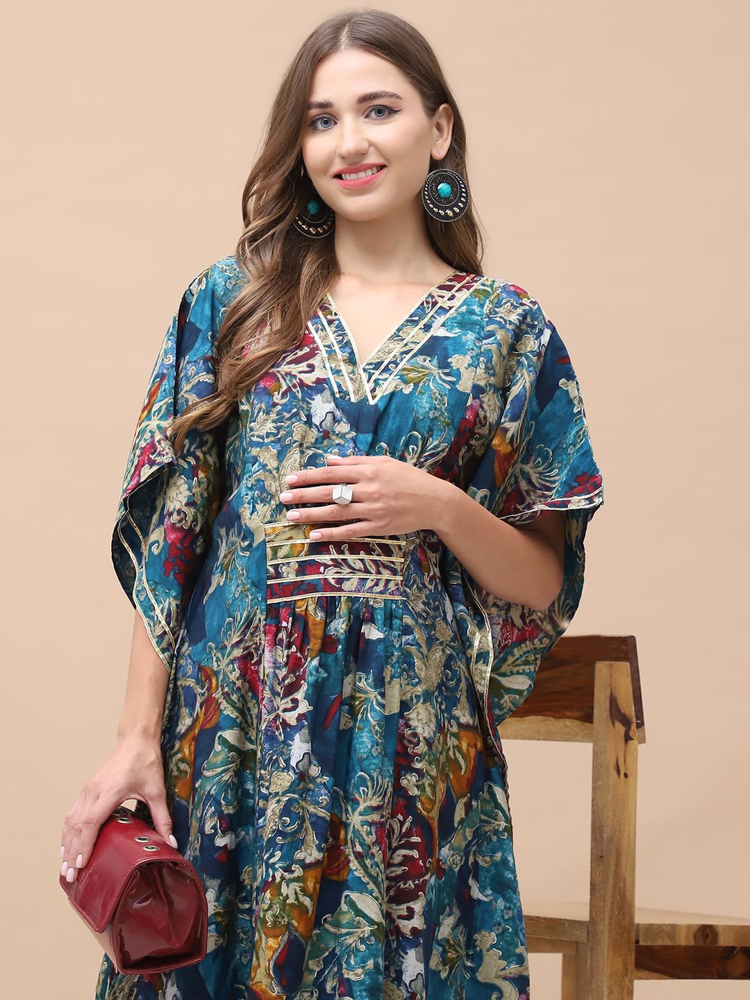 Floral Print Dark Blue Chanderi Silk Maternity Kaftan Dress Calf Length