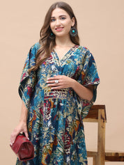 Floral Print Dark Blue Chanderi Silk Maternity Kaftan Dress Calf Length