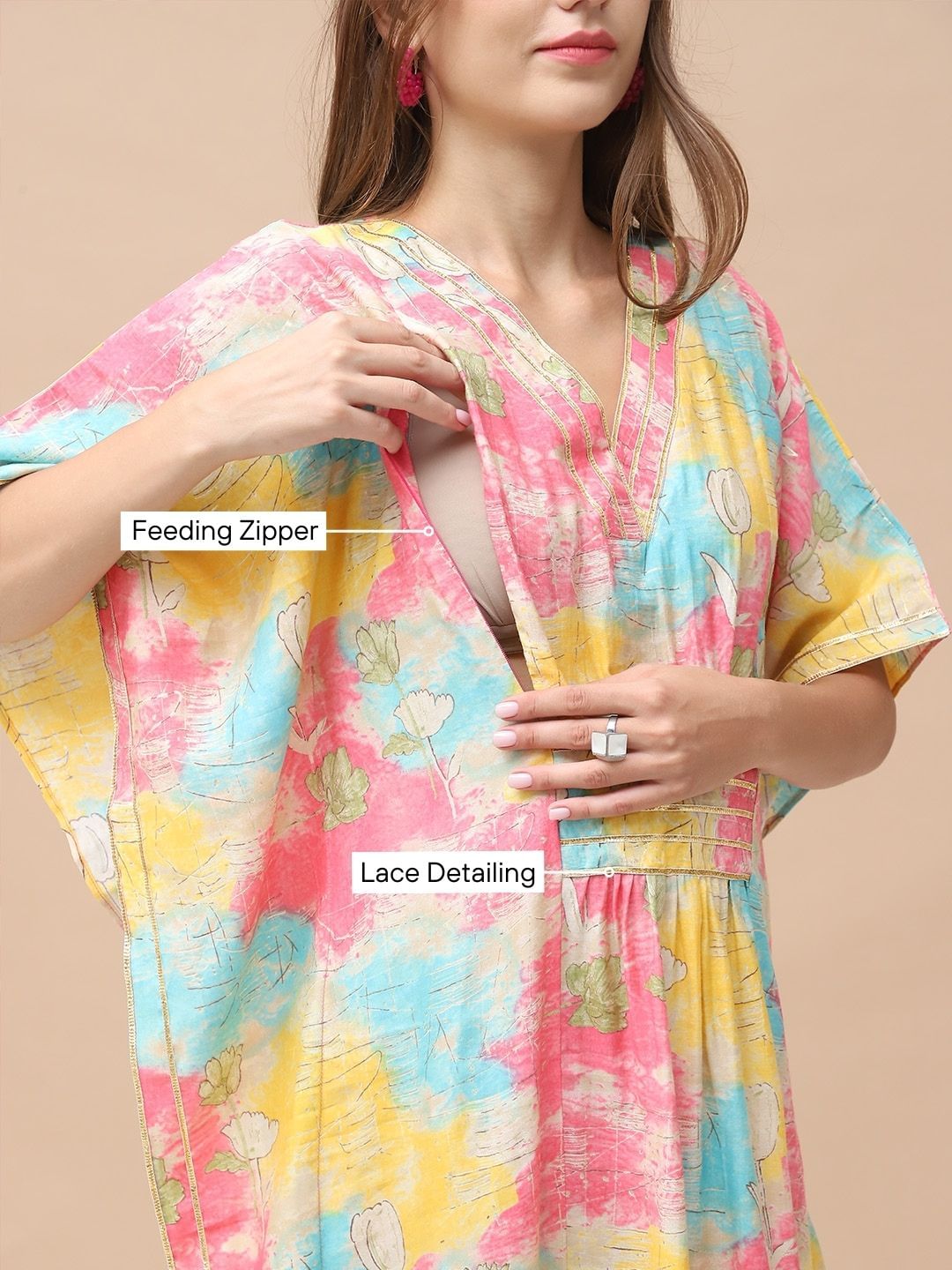 Printed Multi Chanderi Silk Maternity Kaftan Dress Calf Length