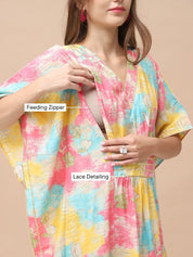 Printed Multi Chanderi Silk Maternity Kaftan Dress Calf Length